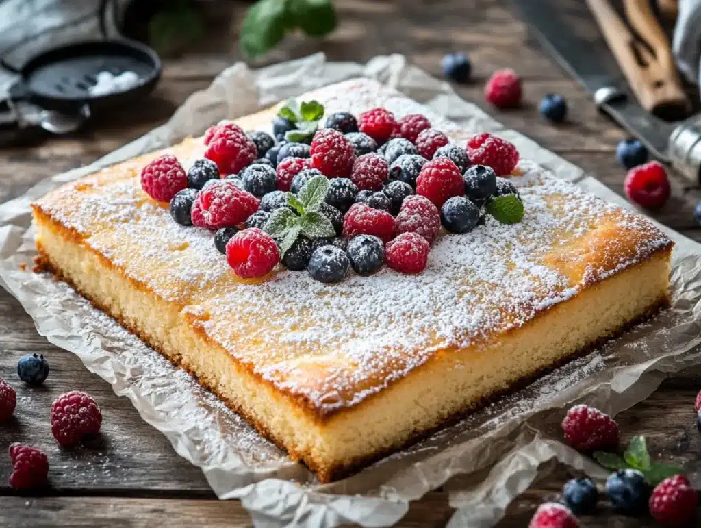 Kefir sheet cake topped with powdered sugar, fresh raspberries, and blueberries.