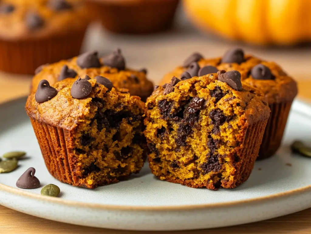 Close-up of a halved pumpkin muffin with chocolate chips on a ceramic plate.