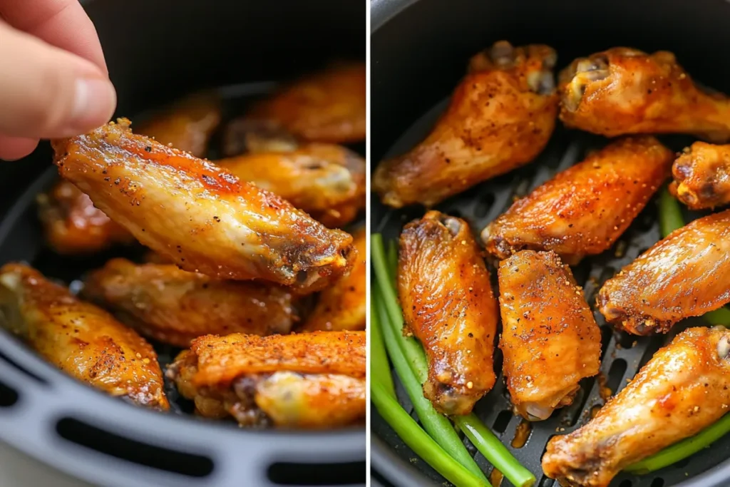 Golden chicken wings in an air fryer, seasoned to perfection, with a hand holding a piece