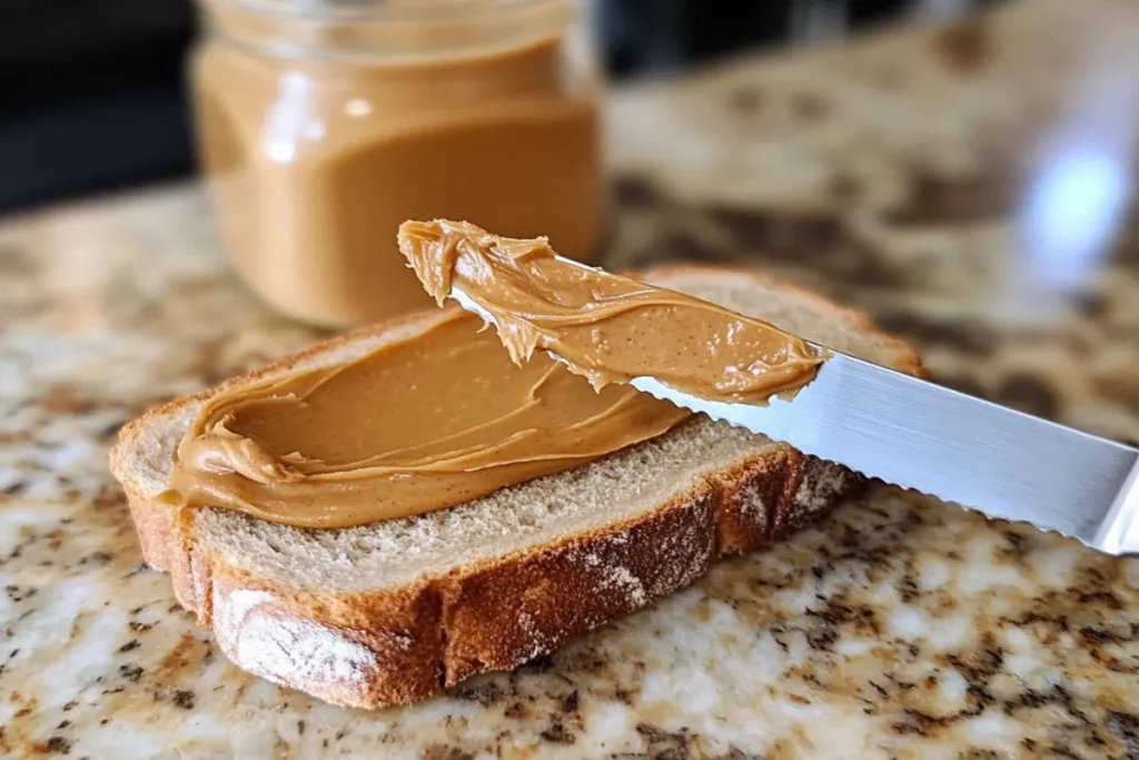 A knife spreading creamy peanut butter on a slice of fresh bread.