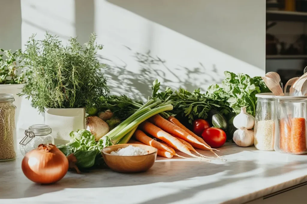 Fresh ingredients for homemade soup on a bright kitchen counter.