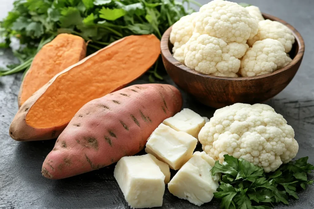 Sweet potatoes, cauliflower florets, fresh herbs, and cubes of cheese arranged on a rustic kitchen surface.