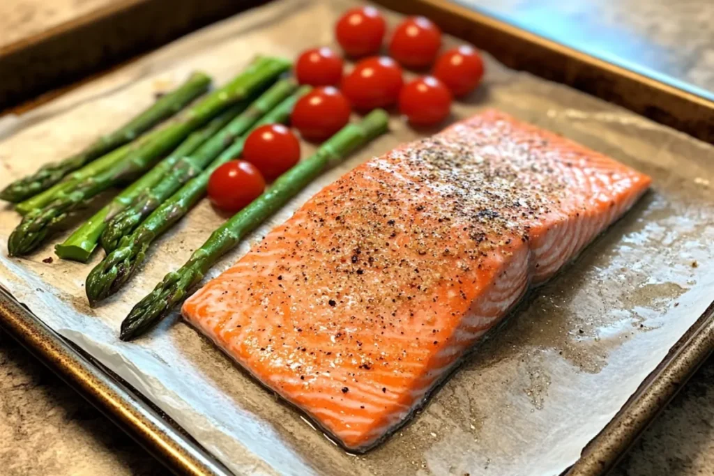 Salmon fillet with vegetables prepared for baking in the oven.
