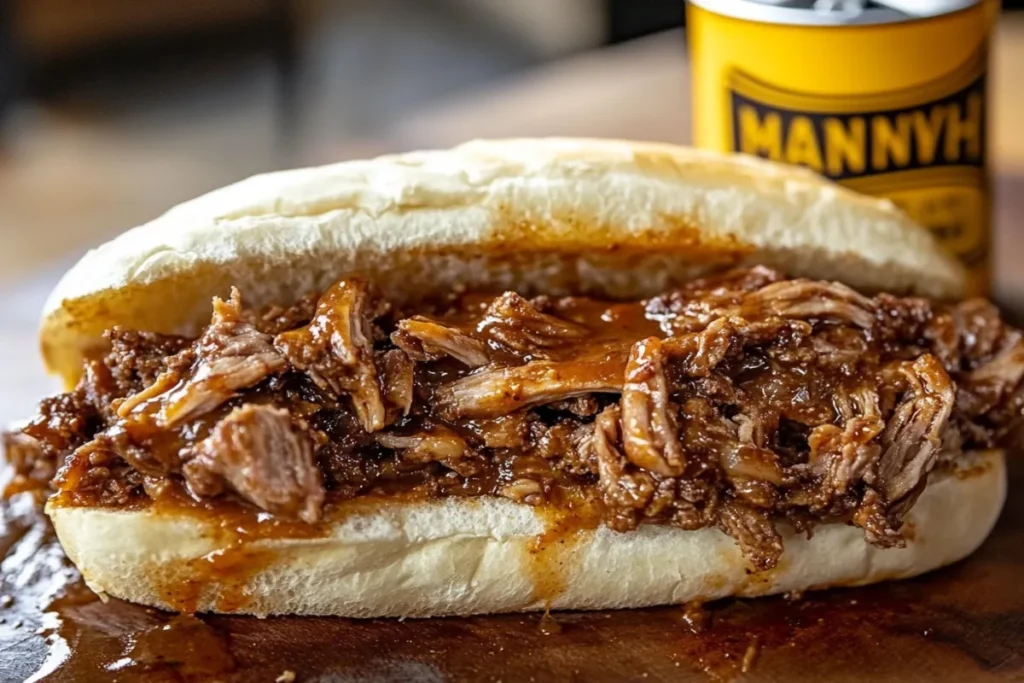Juicy pulled pork sandwich with barbecue sauce on a fresh bun.
