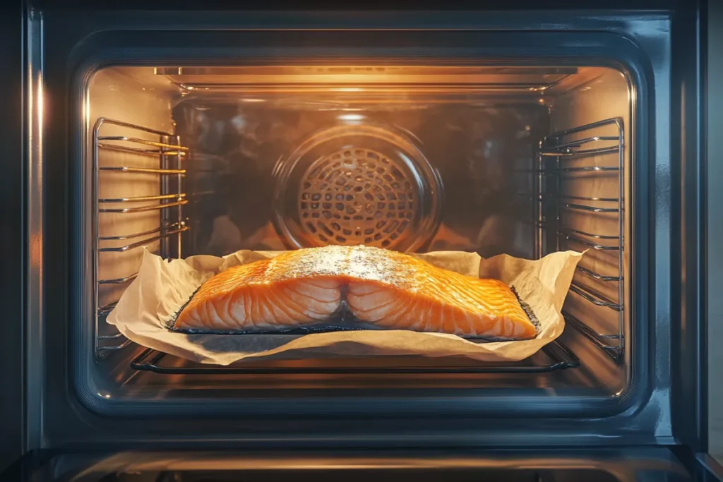 Salmon fillet baking in the oven, forming a golden crust.