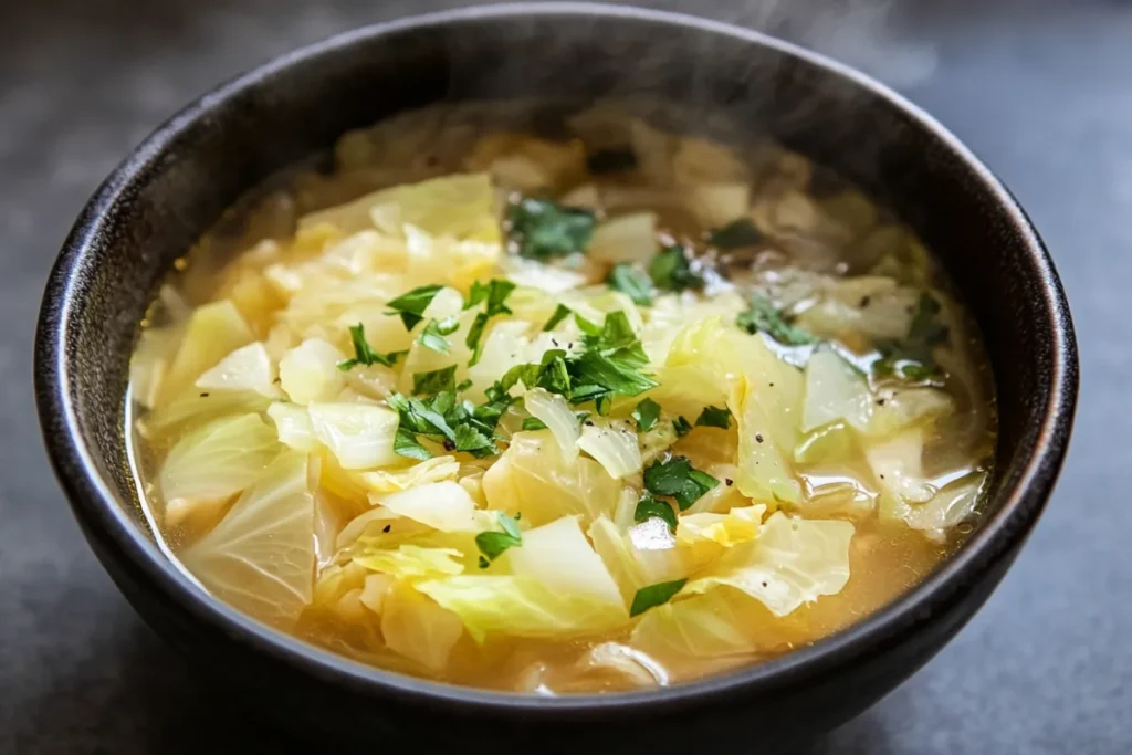 Steaming bowl of cabbage soup garnished with fresh parsley.