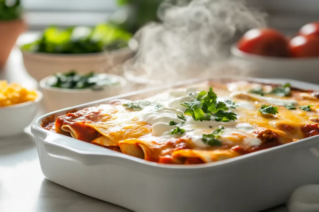 Golden enchiladas fresh from the oven on a marble counter.
