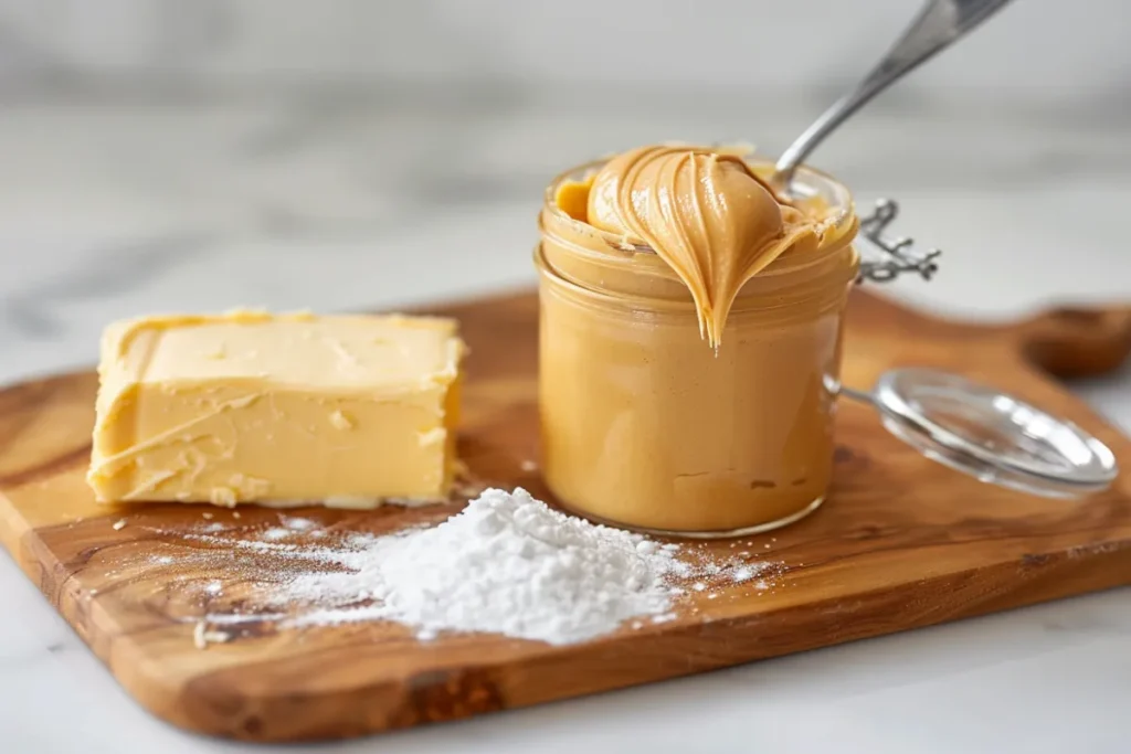 A close-up of peanut butter, butter, and powdered sugar on a marble countertop.