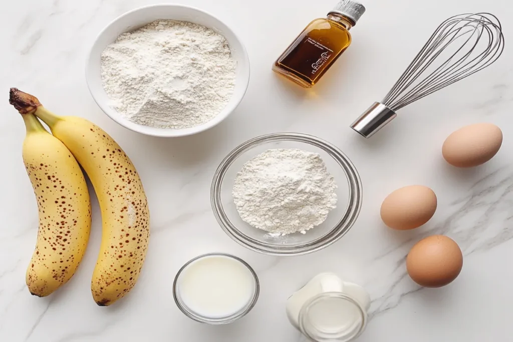 Fresh ingredients for banana crepes on a white marble kitchen counter.