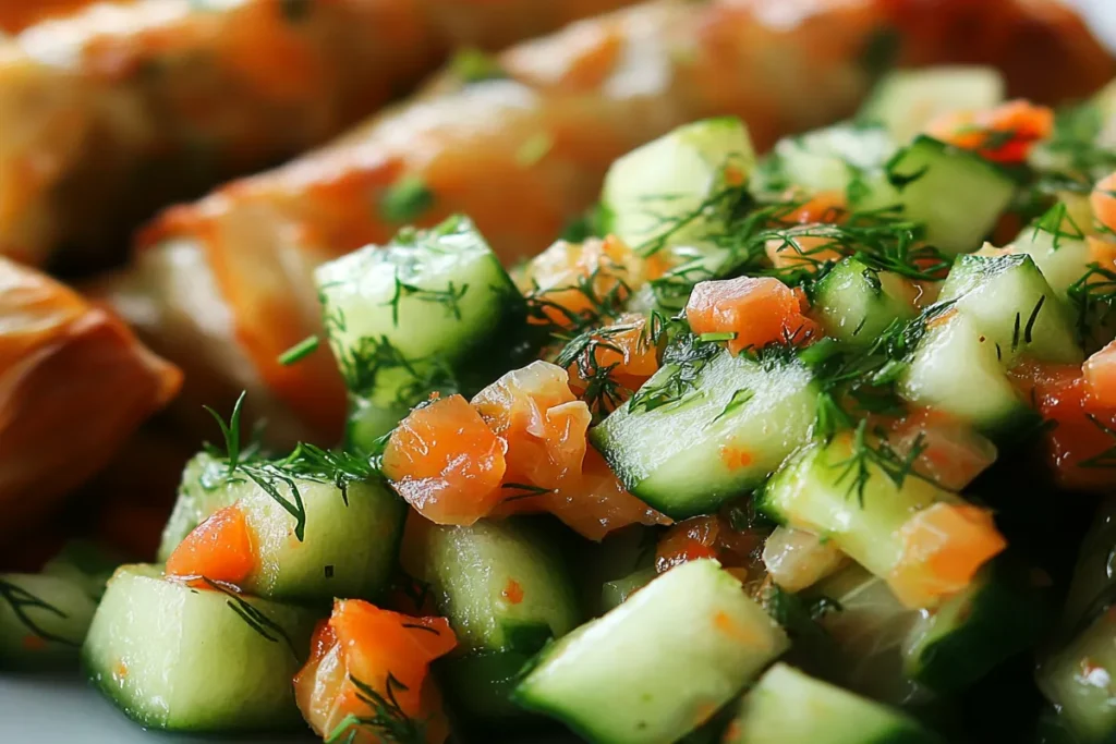 Fresh cucumber salad with dill and finely chopped carrots served alongside cabbage rolls.