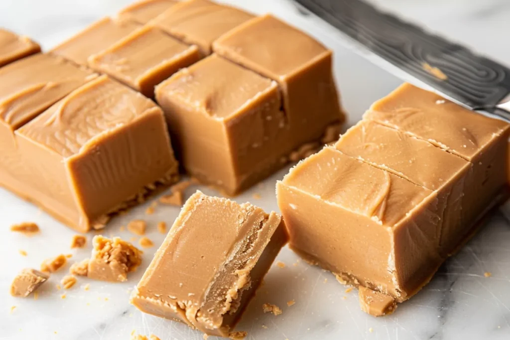 A slab of peanut butter fudge being cut into squares on a wooden cutting board.