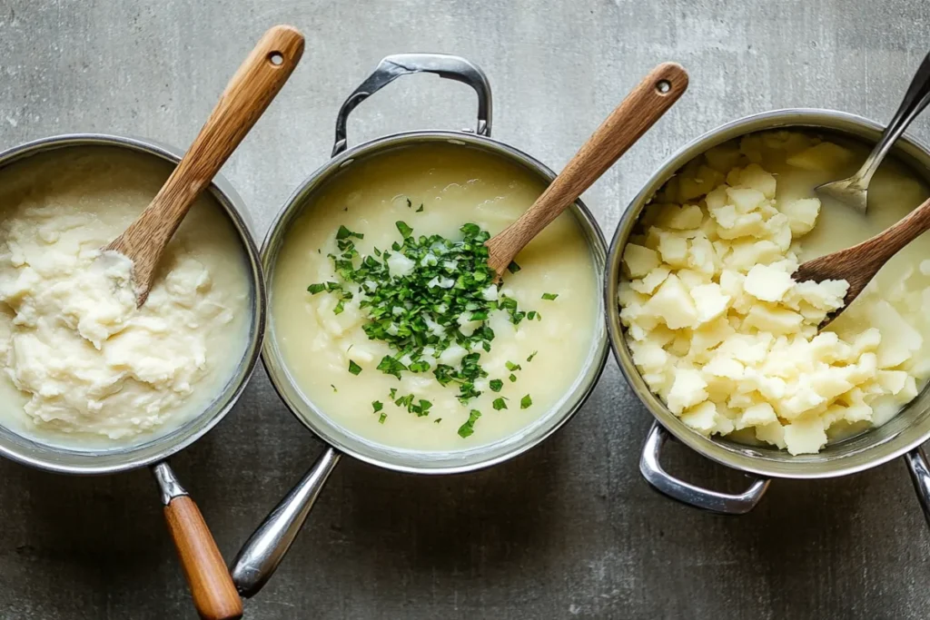 Three pots showcasing different potato soup textures: mashed, creamy with herbs, and chunky.