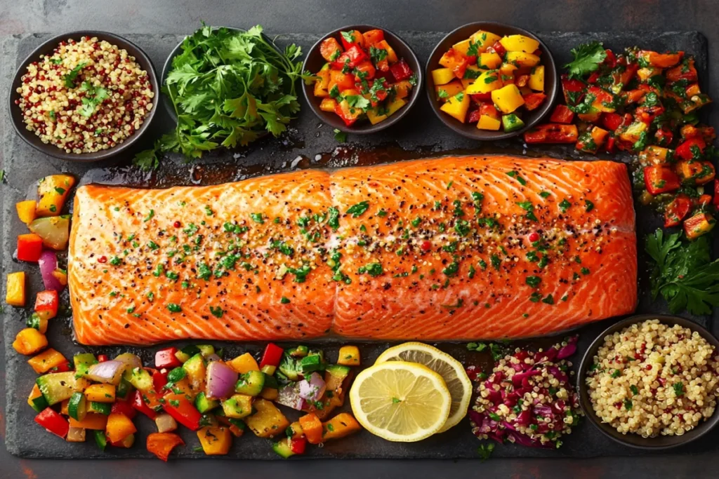 Herb-crusted salmon fillet surrounded by a vibrant medley of roasted vegetables, quinoa, and fresh lemon slices.