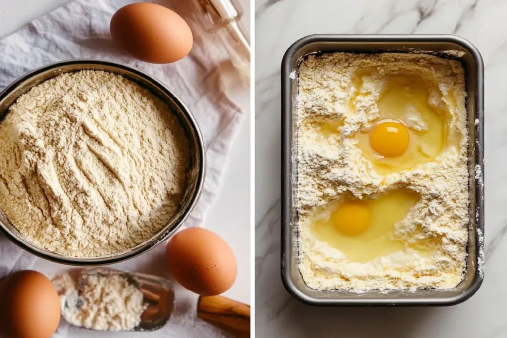 Ingredients for keto bread, including almond flour and eggs, with a loaf pan filled with dough.