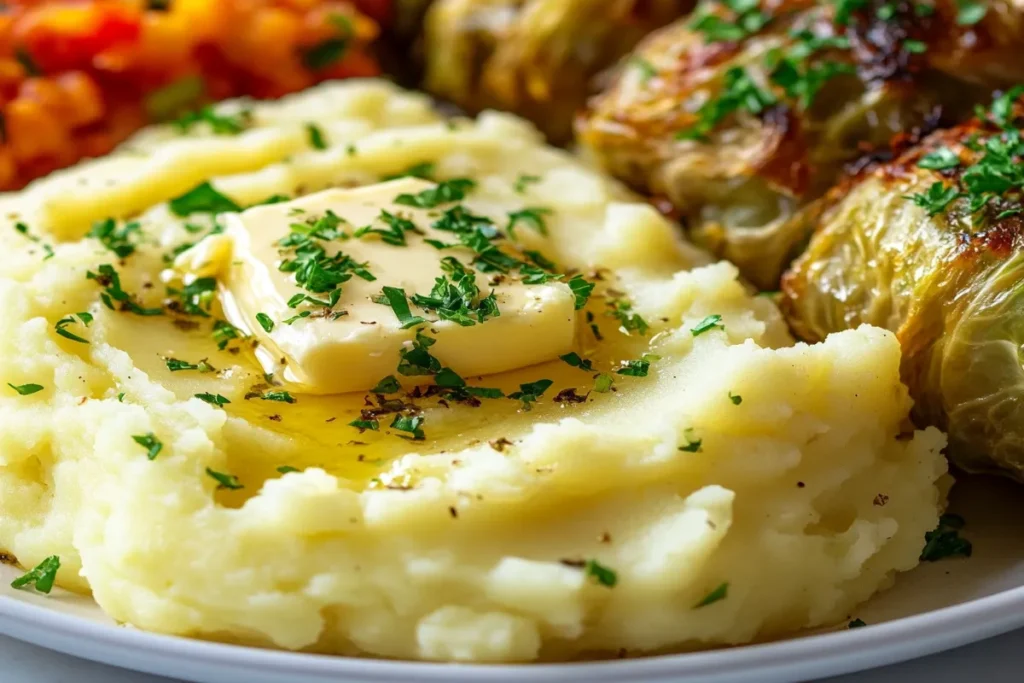 Creamy mashed potatoes with melted butter and fresh parsley, served with stuffed cabbage rolls.