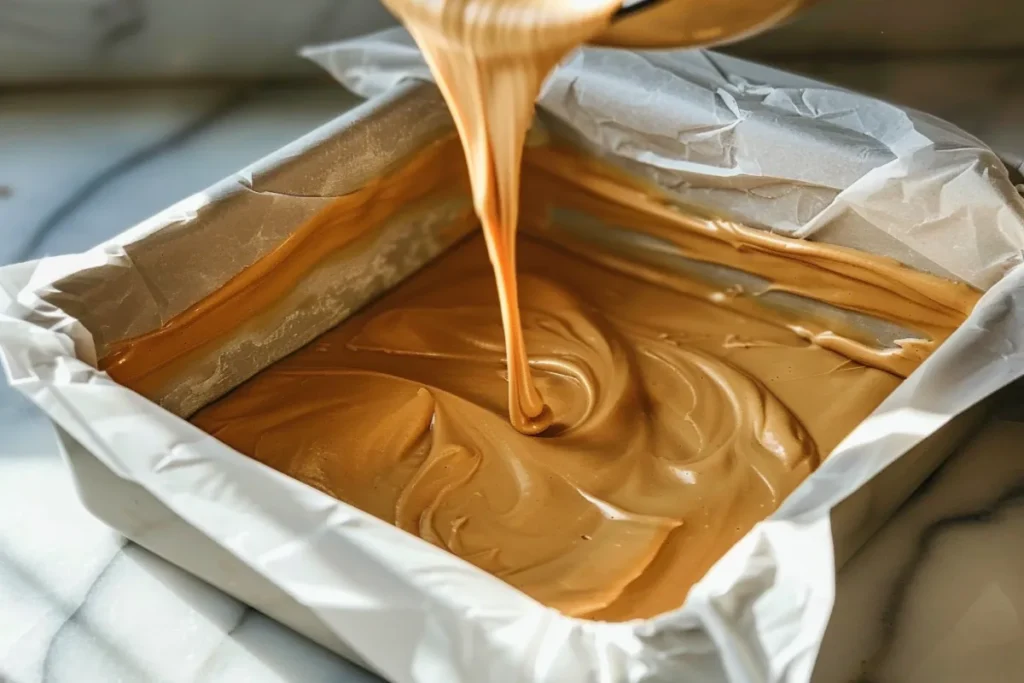 Peanut butter fudge mixture being poured into a parchment-lined baking dish.