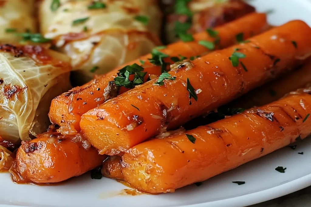 Glazed roasted carrots with fresh herbs served alongside cabbage rolls.