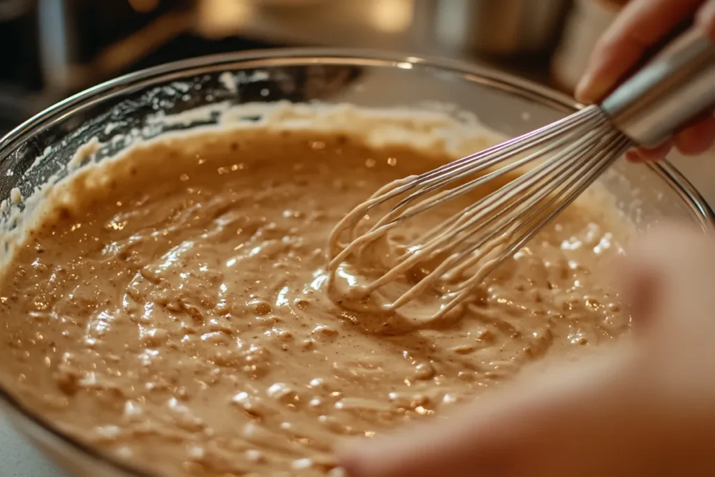 Hands whisking banana crepe batter in a glass bowl on a kitchen counter.